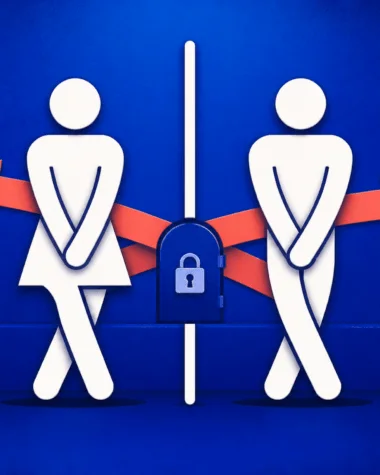 Two urgent restroom figures divided by contradictory bathroom rules