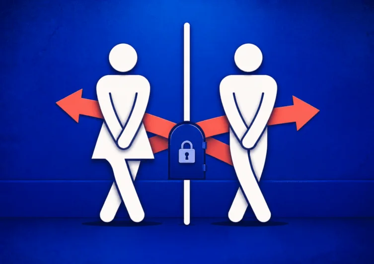 Two urgent restroom figures divided by contradictory bathroom rules