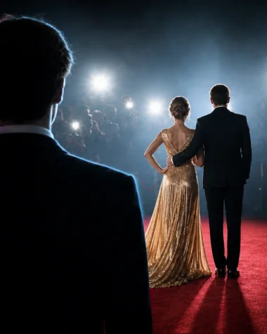 A shadowed transgender young person watches two fictional celebrity parents pose on a red carpet