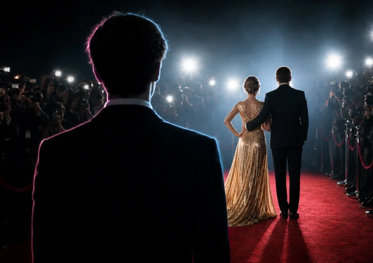A shadowed transgender young person watches two fictional celebrity parents pose on a red carpet