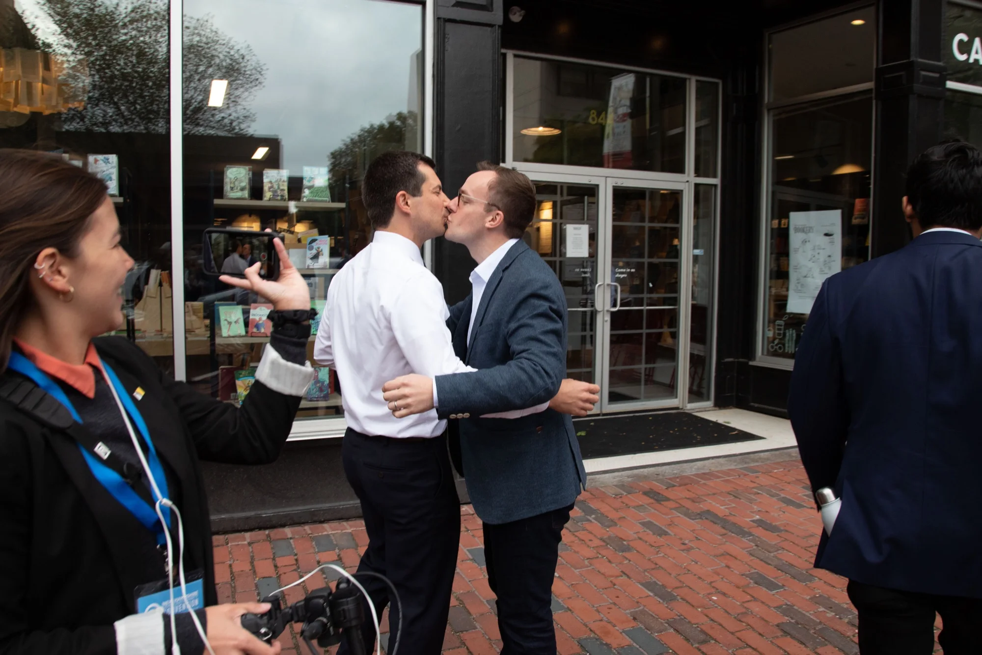 Pete Buttigieg sharing a kiss with his husband, Chasten Buttigieg, in New Hampshire