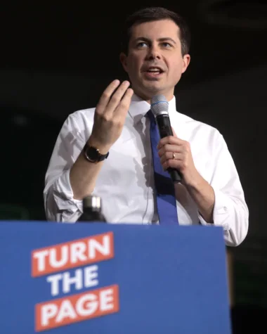 Pete Buttigieg addressing supporters at a campaign rally in Las Vegas