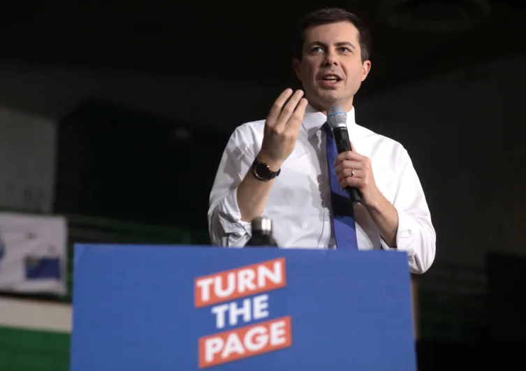 Pete Buttigieg addressing supporters at a campaign rally in Las Vegas