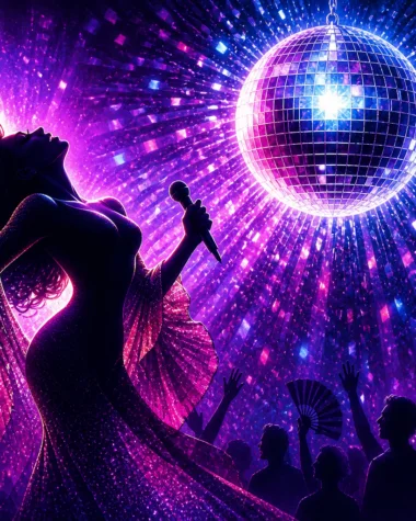 Silhouette of a diva singing beneath a crystal disco ball in pink, purple and blue light