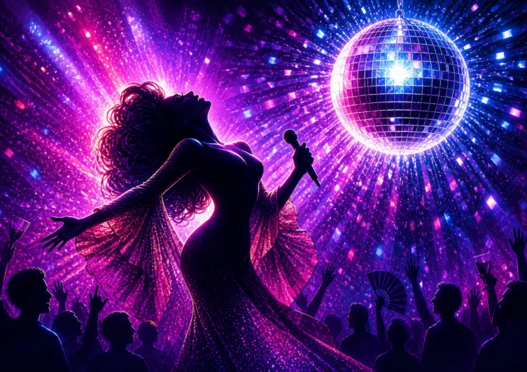 Silhouette of a diva singing beneath a crystal disco ball in pink, purple and blue light