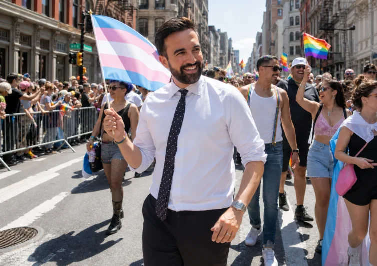 Editorial illustration of Zohran Mamdani carrying a transgender Pride flag at NYC Pride