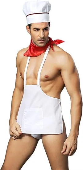 Man wearing a short white chef apron, chef hat and red neckerchief