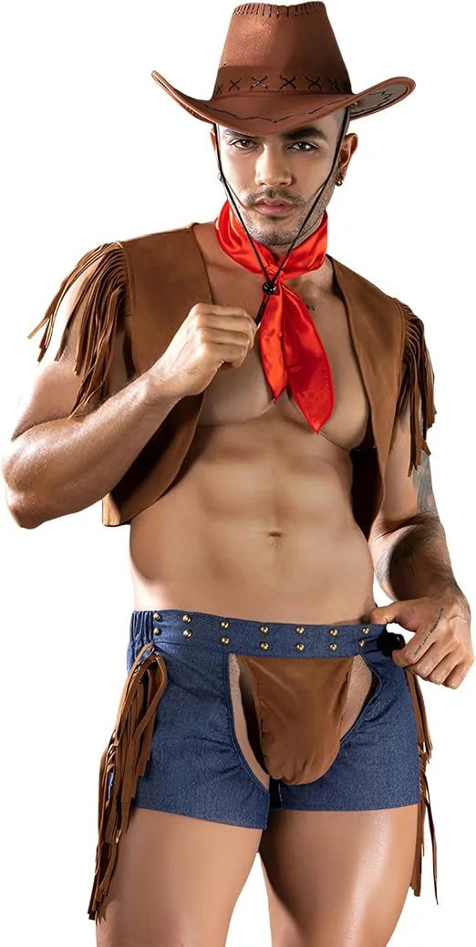Man modelling a cowboy hat, red neckerchief, fringed vest and blue shorts