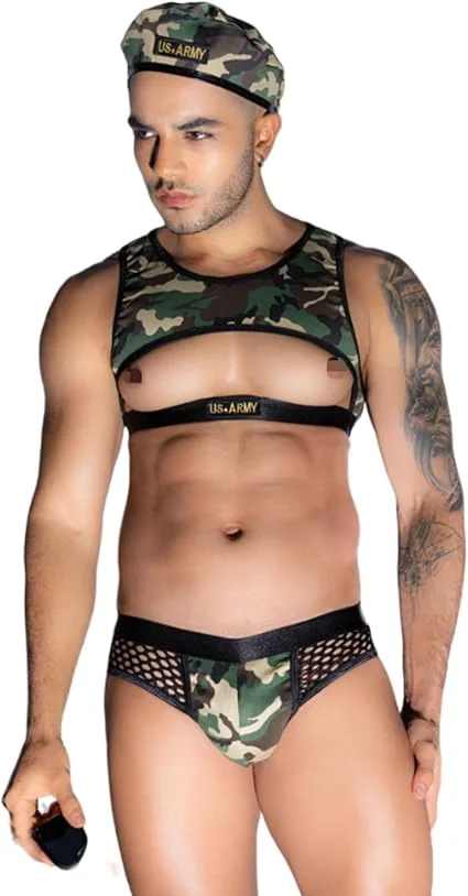 Man modelling a camouflage harness and mesh underwear soldier costume