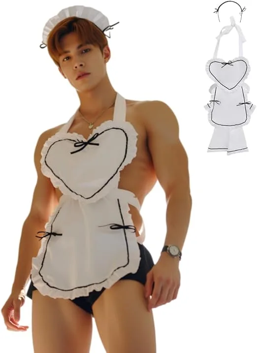 Man modelling a white heart-shaped maid apron with black trim