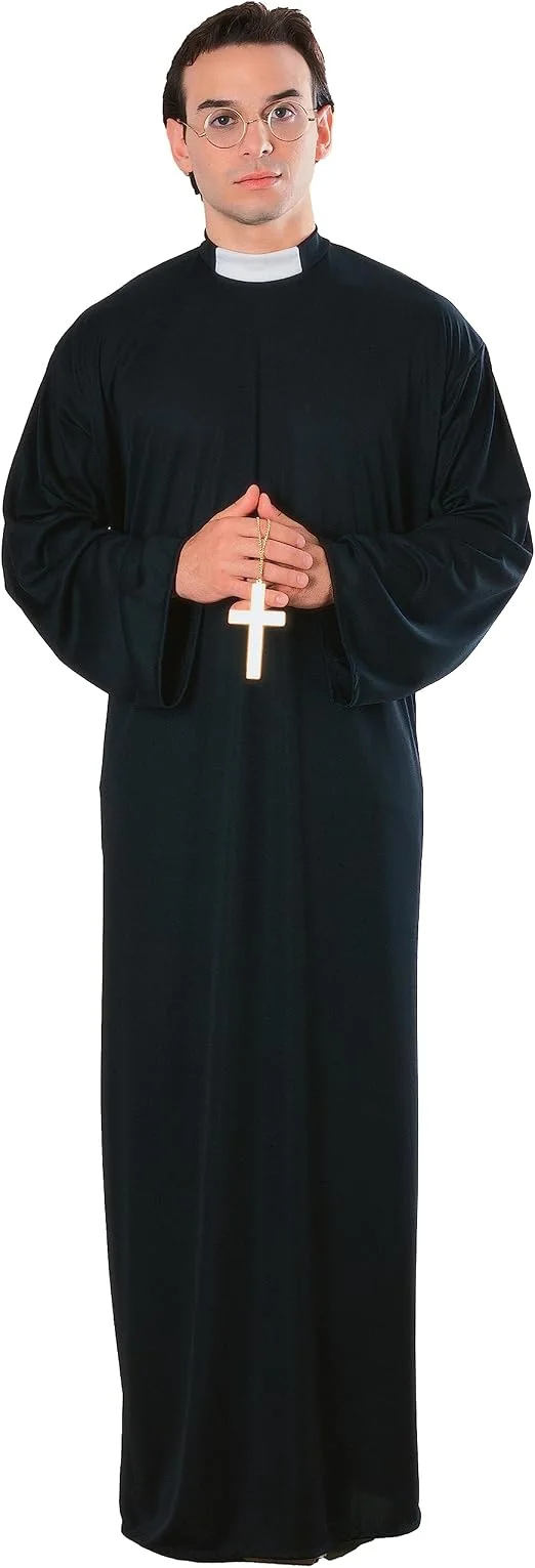 Man wearing a full-length black priest robe and clerical collar, shown with a cross necklace sold separately