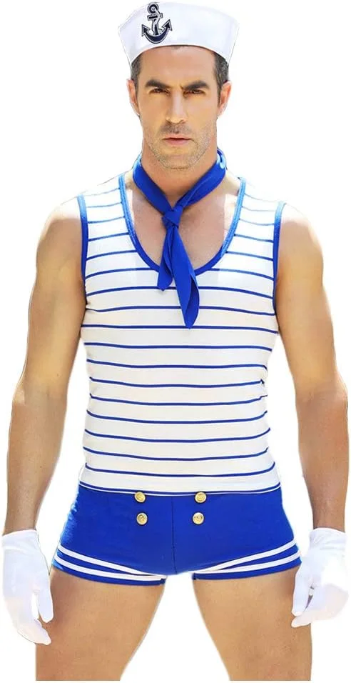 Man wearing a striped sailor vest, blue shorts, sailor hat and blue neckerchief