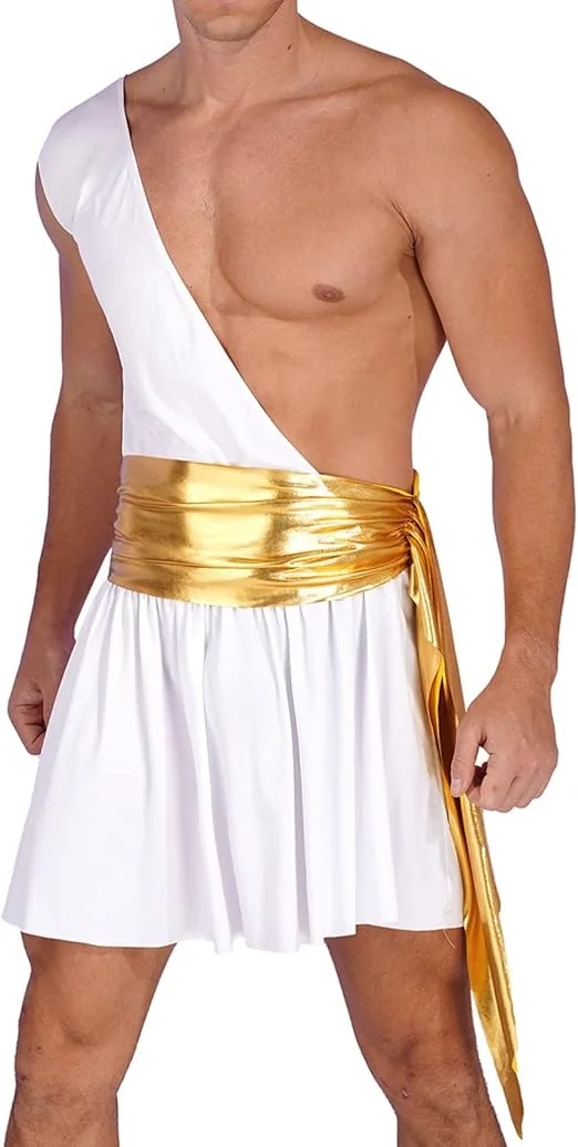 Man modelling a white one-shoulder Greek toga with a gold sash