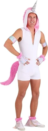 Man wearing a white unicorn romper with pink mane, tail and furry cuffs
