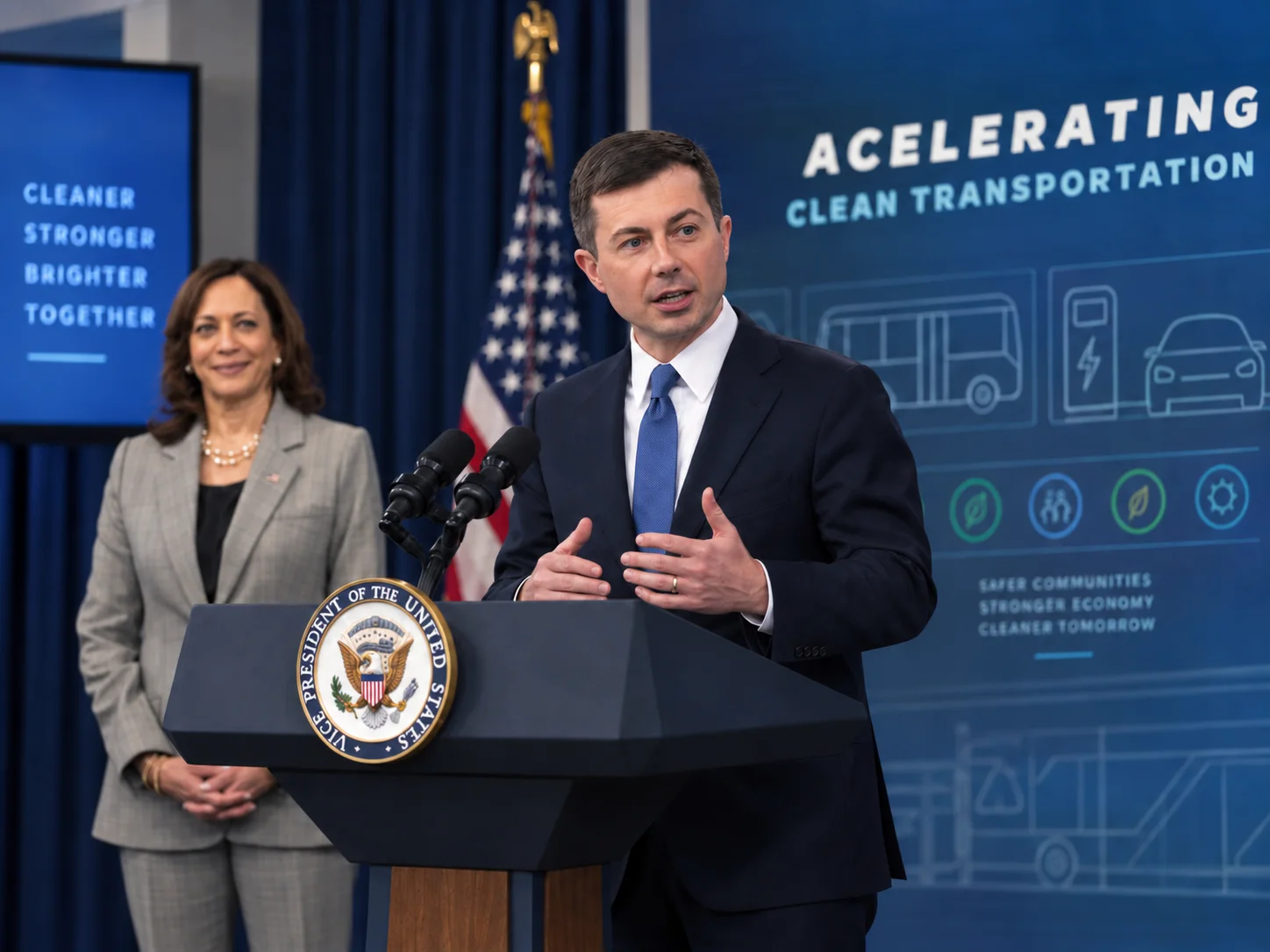 Pete Buttigieg speaks at a podium alongside Kamala Harris at the U.S. Department of Transportation.