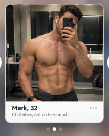 Gay dating app profile carousel with a shirtless gym mirror selfie at the centre