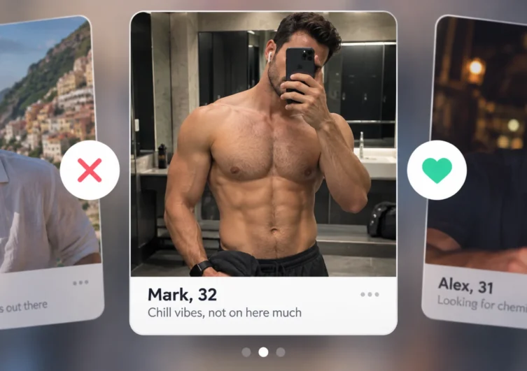 Gay dating app profile carousel with a shirtless gym mirror selfie at the centre