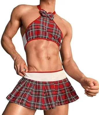 Man wearing a red tartan cropped top, bow and pleated mini skirt