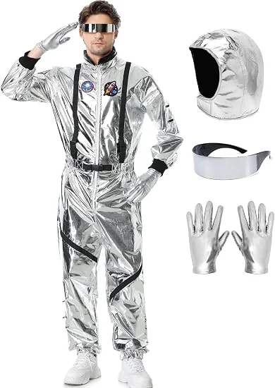 Silver astronaut costume shown with hood, visor and gloves