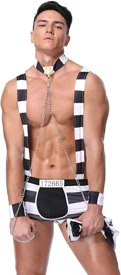 Man modelling a striped prisoner costume with suspenders and chains