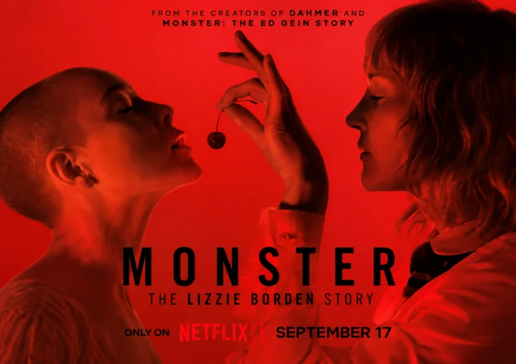 Monster: The Lizzie Borden Story promotional poster showing two women facing each other under red lighting.