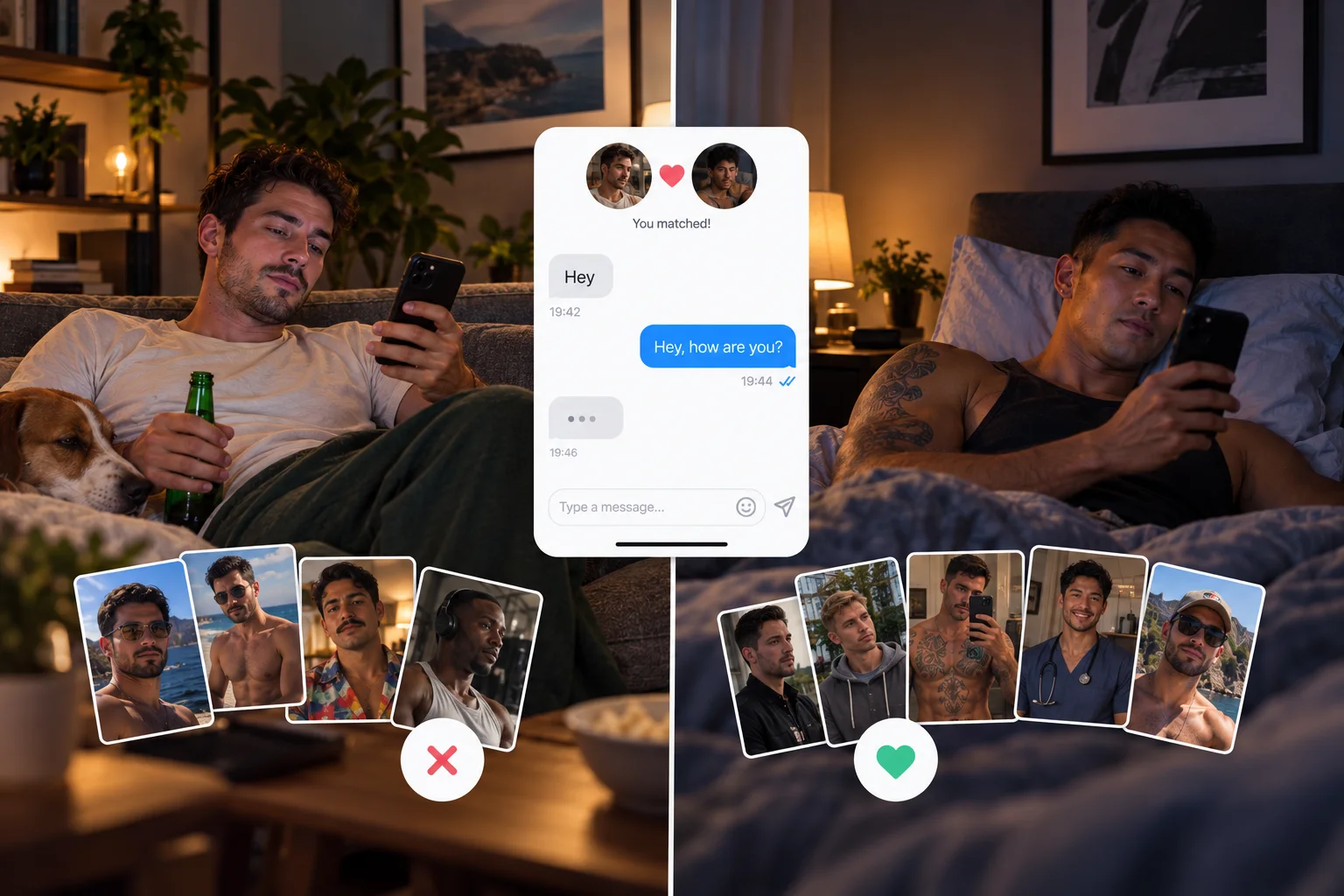 Two men matched on a dating app with a conversation stopping after hello how are you