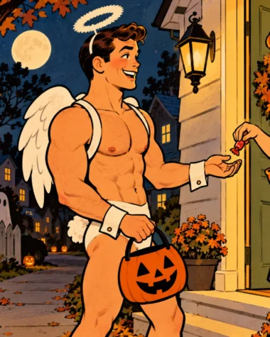 Vintage-style illustration of a man in an angel costume trick-or-treating at a woman's door