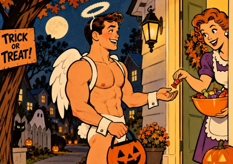 Vintage-style illustration of a man in an angel costume trick-or-treating at a woman's door