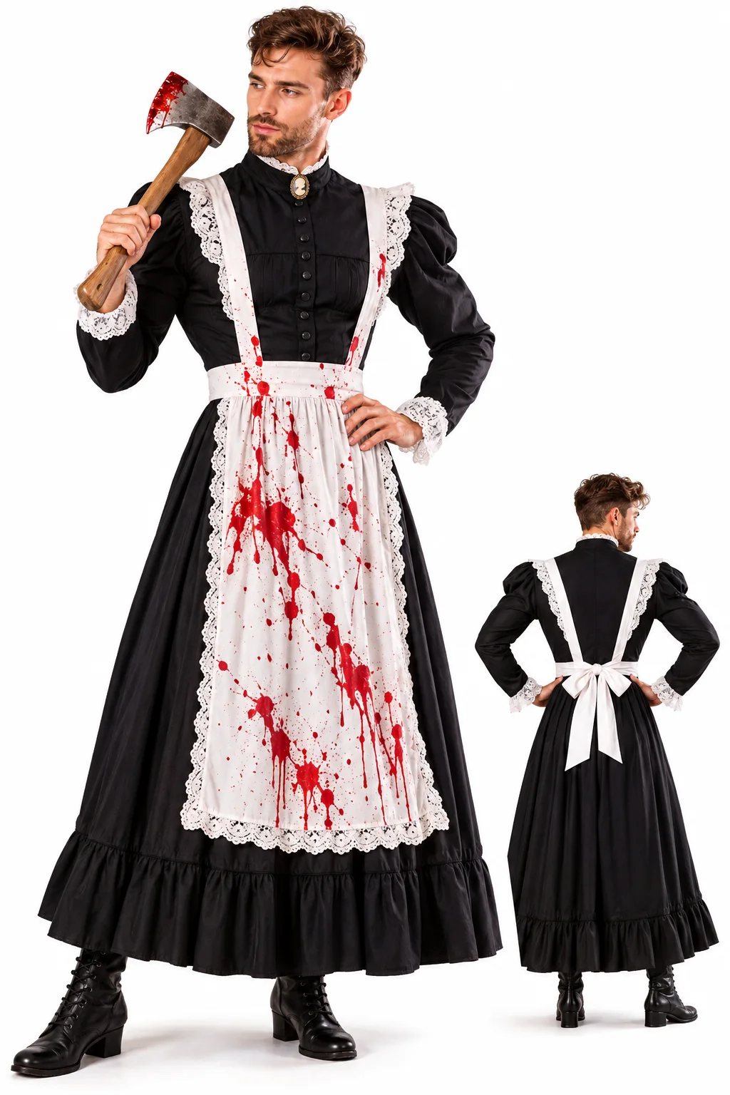 Man in a Victorian Lizzie Borden-inspired Halloween costume with a blood-stained apron and axe