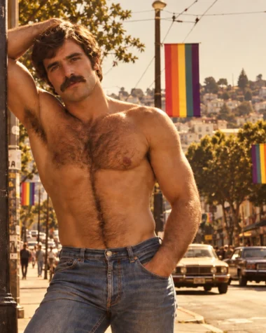 Shirtless moustached man in jeans standing on a vintage 1970s-style Castro street in San Francisco.