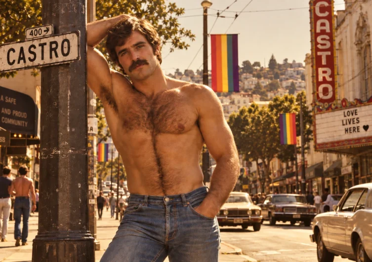 Shirtless moustached man in jeans standing on a vintage 1970s-style Castro street in San Francisco.