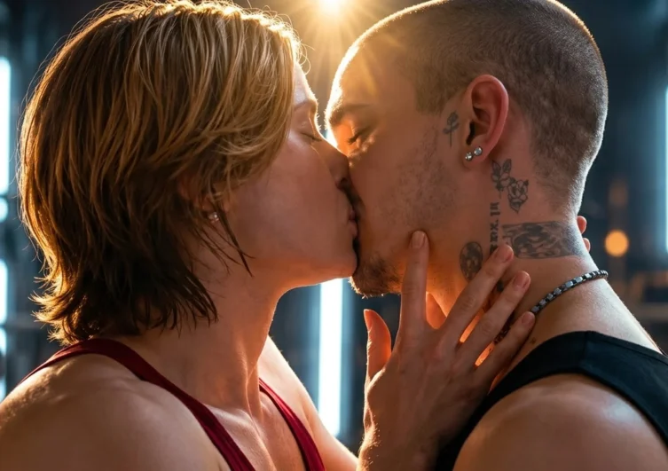 Romeo Beckham and Paul Kircher kissing in a scene from the Forty Love trailer.