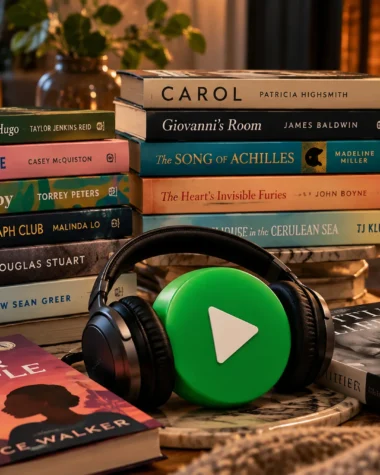 Spotify audiobooks feature: book stacks beside a glowing fireplace, with headphones and a green play button