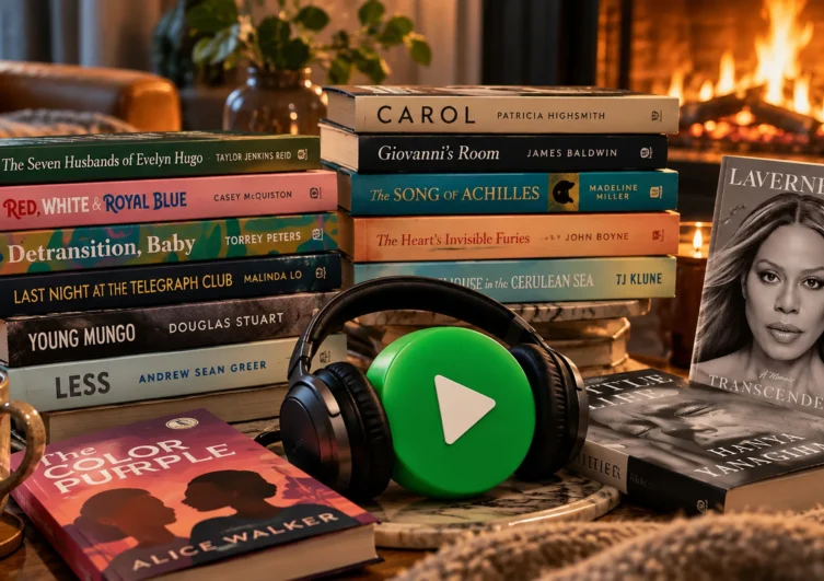 Spotify audiobooks feature: book stacks beside a glowing fireplace, with headphones and a green play button